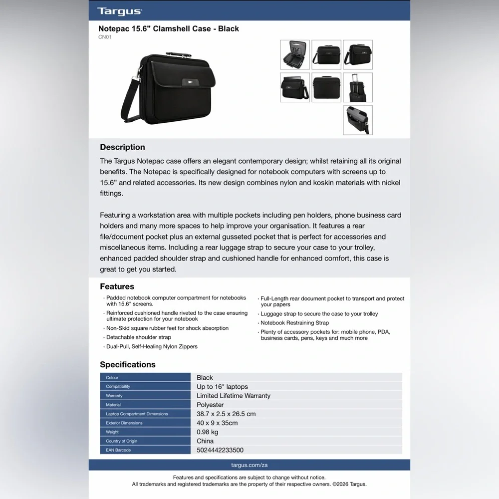 Targus Laptop Bag NWT $160 MSRP Notepac 15.6” Black BIG